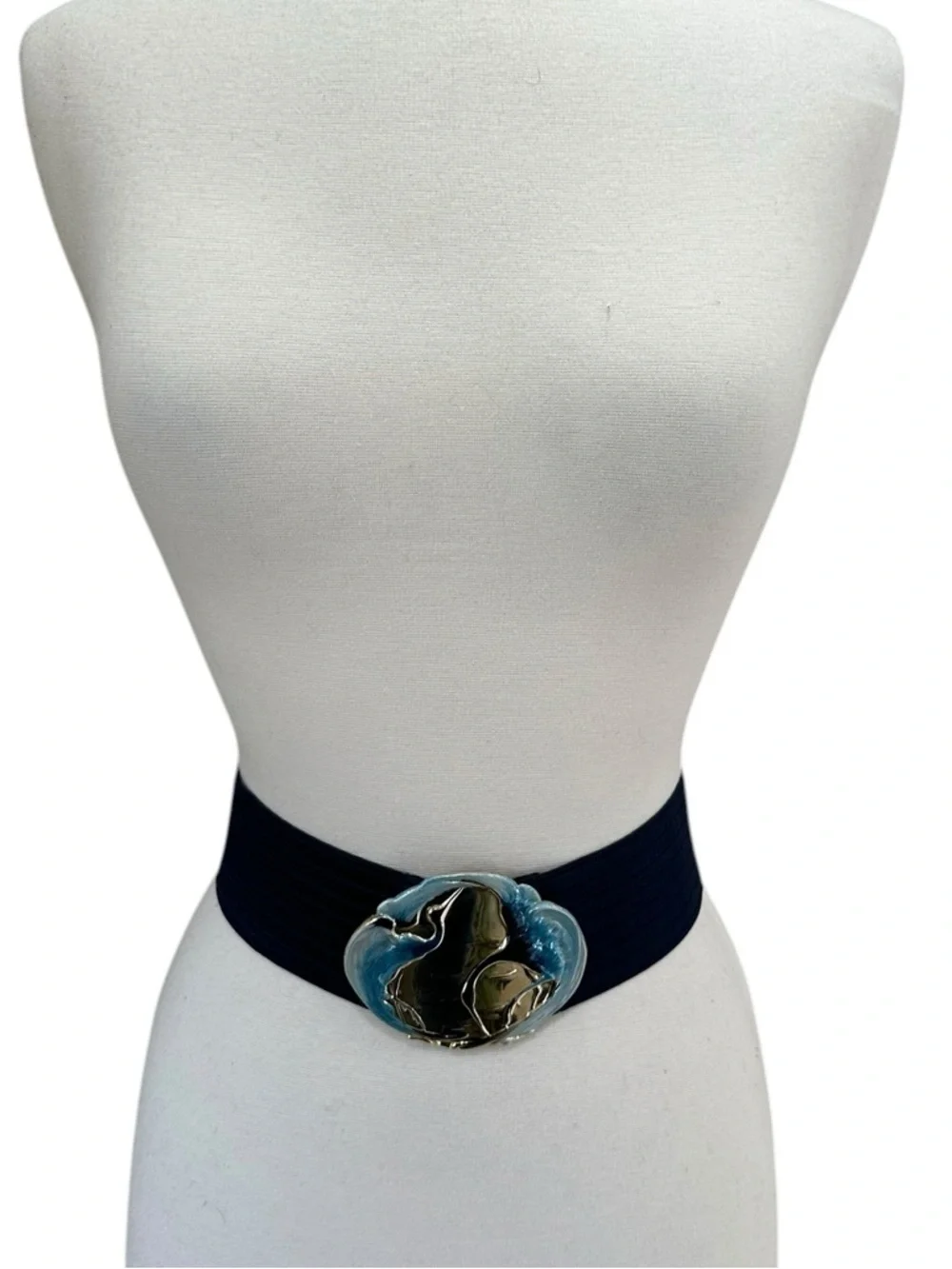 VTG Charmant of Beverly Hills Cranes Design Buckle Navy Blue Stretch Belt Signed